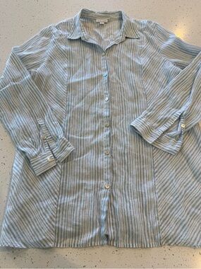 J Jill Love Linen Womens Medium Blue White Striped Button Up Shirt Lightweight